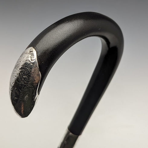 1923 British antique gentleman's cane black shaft pure silver decorative handle 93cm